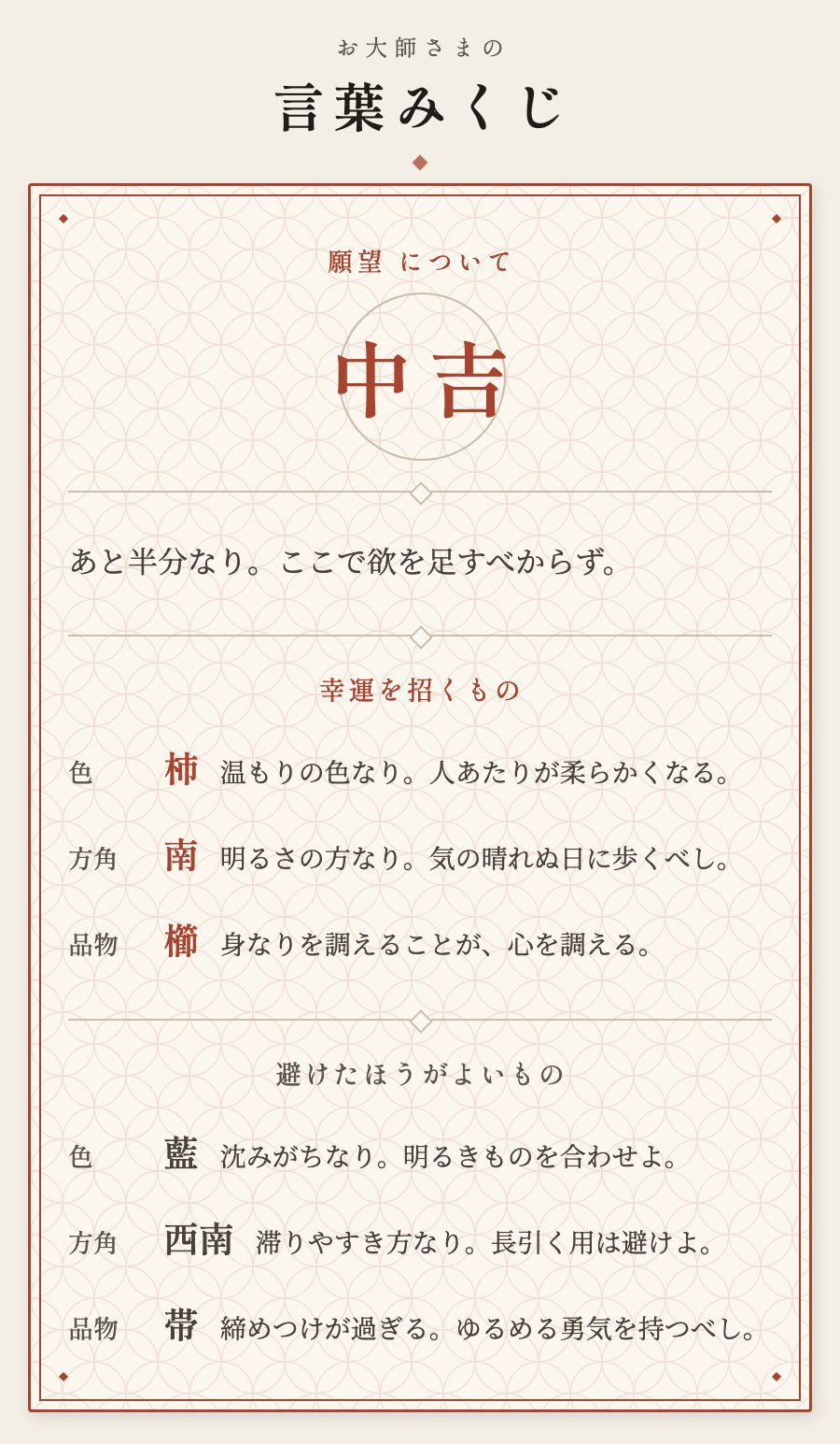 引いた結果の画面。「願望について」の見出しの下に大きく「中吉」と出て、短い言葉が添えられ、その下に幸運を招くものと避けたほうがよいものが色・方角・品物の三つで並んでいる