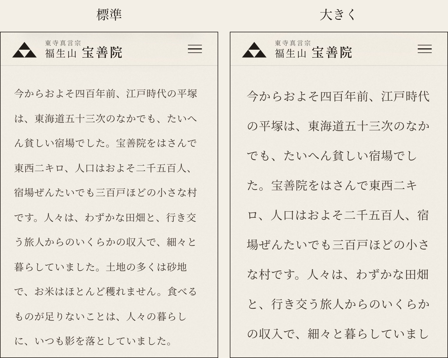 同じ段落を「標準」と「大きく」で並べたもの。左の「標準」は一行に十八字ほど、右の「大きく」は一行に十五字ほどで、文字も行の間隔も広い